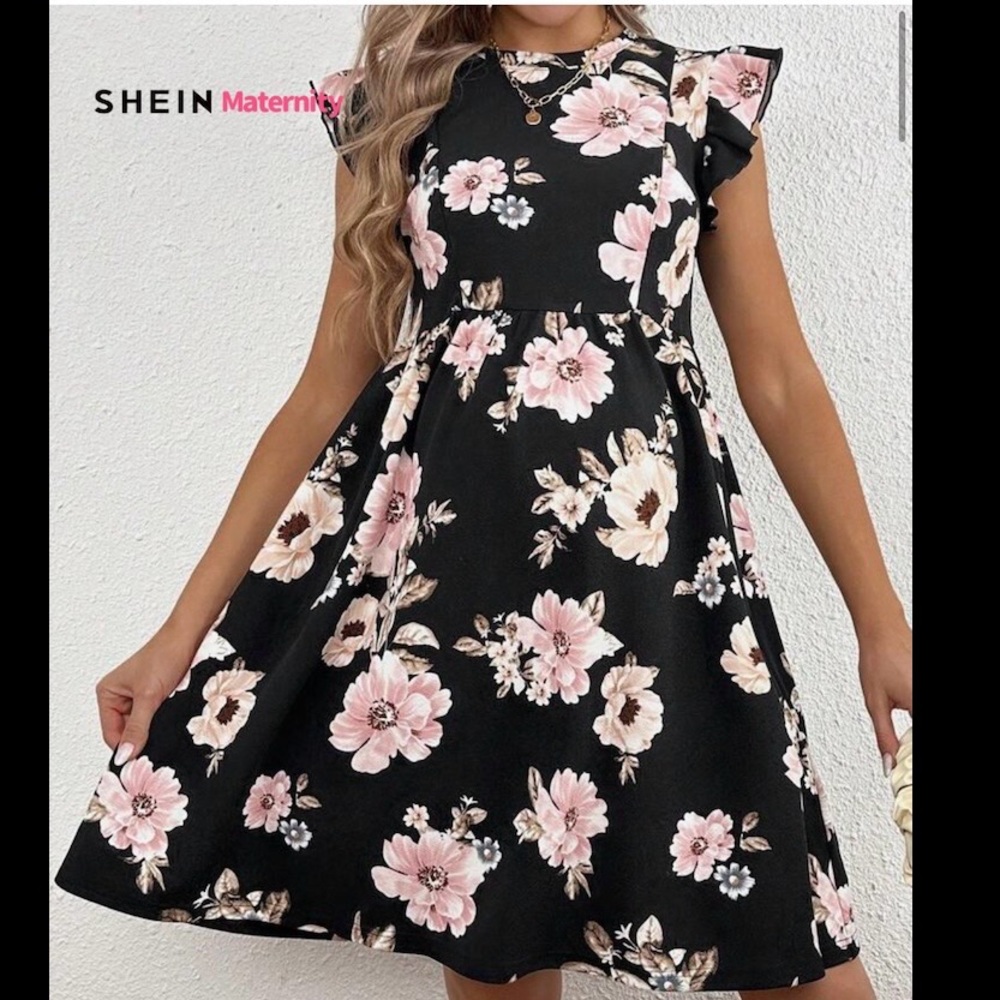 SHEIN Black Dress with Pink Floral Design